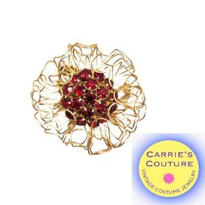 Vintage Signed Napier Modernist Goldtone Faux-Garnet Flower Brooch